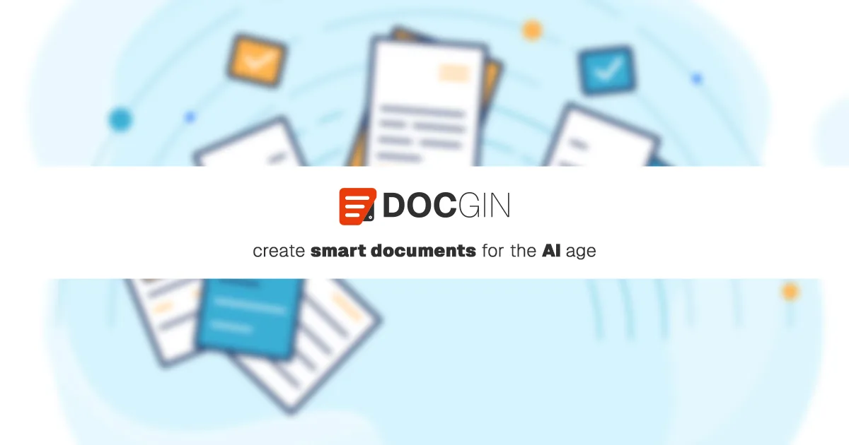 Docgin identity with floating document illustrations and the phrase create smart documents for the AI age
