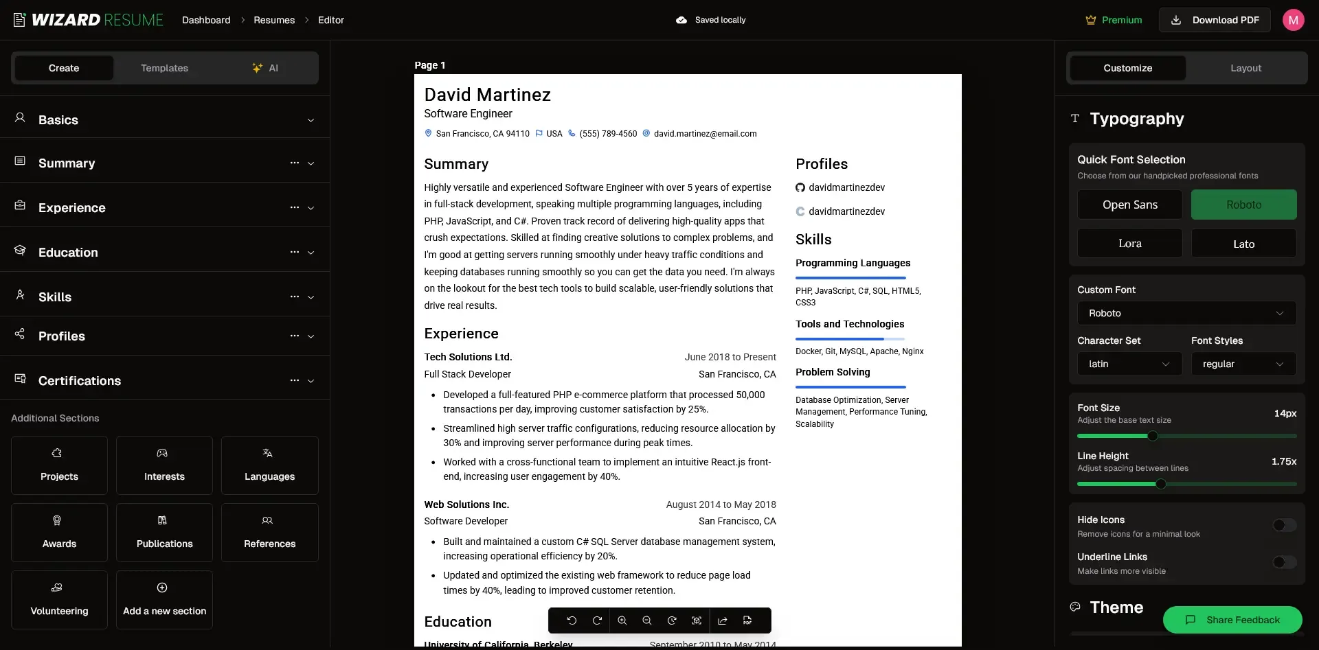 Wizard Resume editor showing resume sections, a live document preview, and typography controls